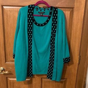 Desigual Teal Sweater and Cardigan Set with Black Polka-Dot Trim.